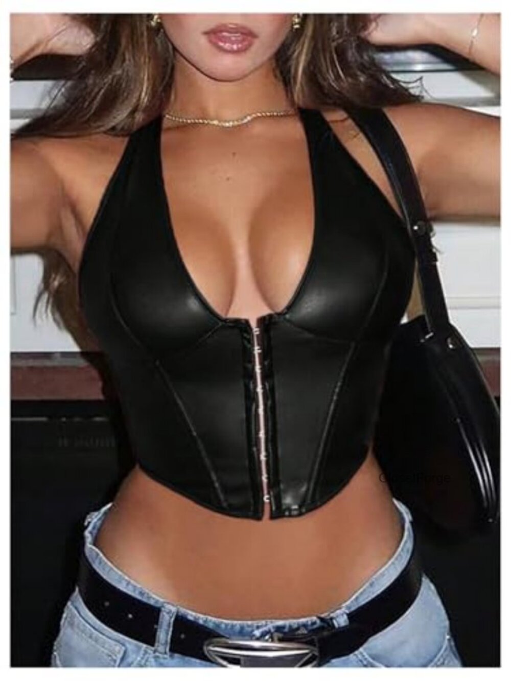 Y2K PU Leather Halter Neck Hook Eye Backless Crop Tank Top - Picture 4 of 6